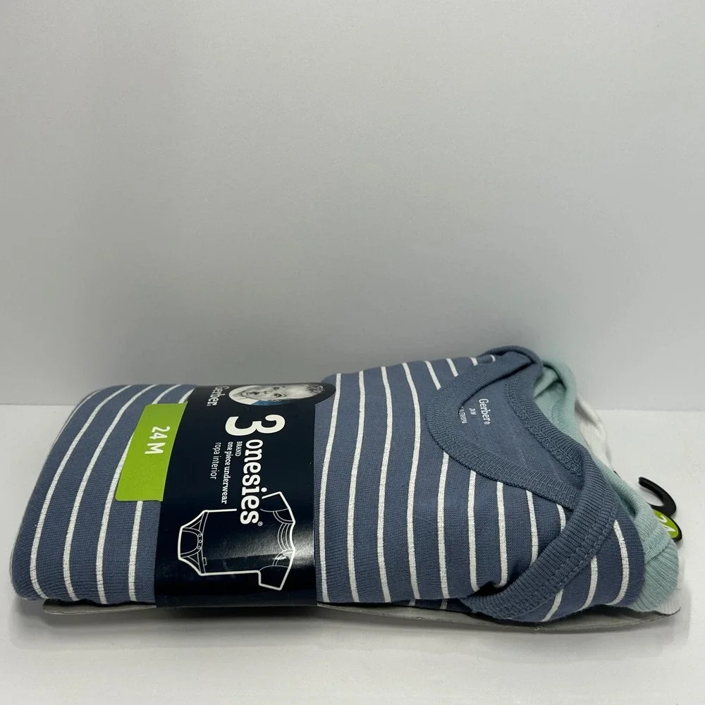 Gerber 3‎ Pack Blue White Striped Onesies Bodysuits 24M New 100% Cotton